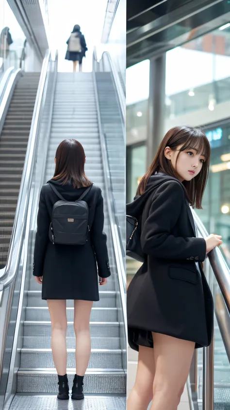 station、Up Escalator Skirt、short coat、bottom body close up、View from behind、Very low camera angle、Slouched、bent forward、full body Esbian