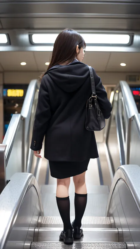 station、Up Escalator Skirt、short coat、bottom body close up、View from behind、Very low camera angle、Slouched、bent forward、full body Esbian