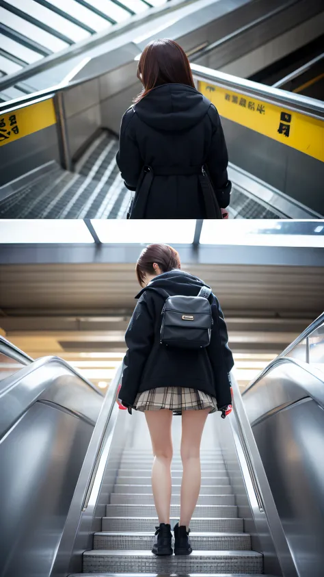 station、Up Escalator Skirt、short coat、bottom body close up、View from behind、Very low camera angle、Slouched、bent forward、full body Esbian