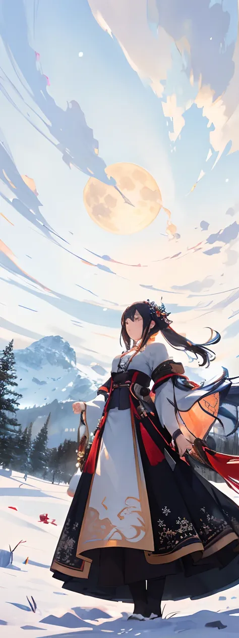 Expansive landscape photograph, (view from below with a view of the sky and the wilderness below), Chinese girl wearing traditional clothes standing in the field looking up, (full moon: 1.2), (snowing: 0.9), (snowflakes falling: 1.3), distant mountain, sno...