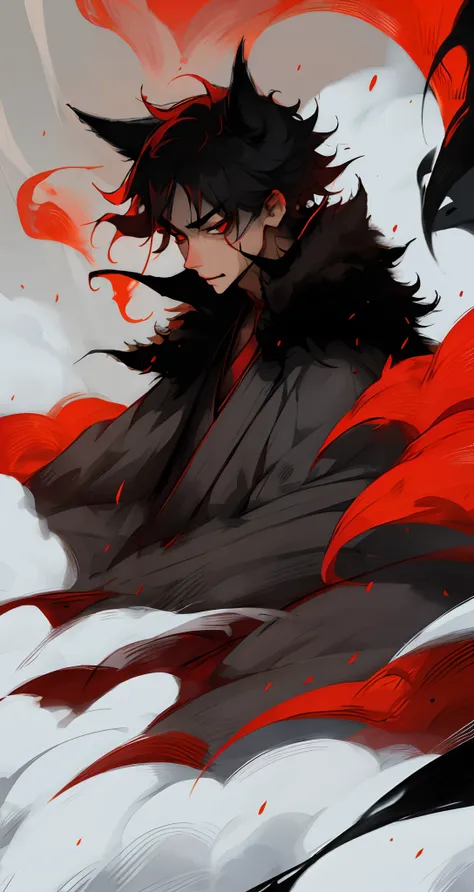 male, Kitsune,Gray short hair,Big fox ears,Fluffy tail,Cold and sharp eyes,Long eyelashes,Slim yet strong body, Red eye makeup,Smoke following him, black with red details kimono,red eye makeup, gray eyes, bishounen, serious