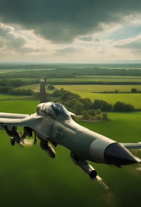 There is first person view with an assault rifle in hand, there are green fields in front, skies with fighter airplanes and american army coming from the front view