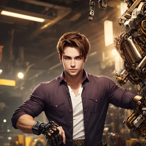 A handsome guy with brown hair, mechanical right arm with mechanical right eye