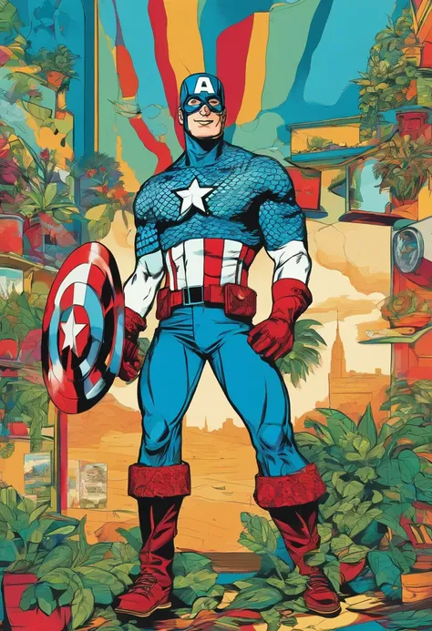 Create a 3D film animation image of Captain America, smiling. Tattooed on his arms, chest and legs. Dressed in a colorful striped shirt and jeans and colorful sneakers. In the background, many hanging plants, and a record player.