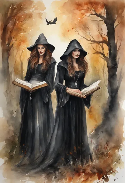 a 33 years old 3 female witches, black clothes, standing reading a large book of witchcraft, a triquetra symbol