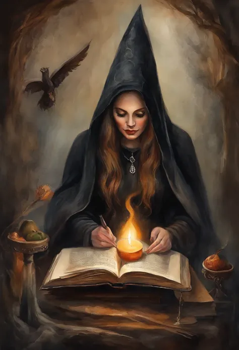 a 33 years old 3 female witches, black clothes, standing reading a large book of witchcraft, a triquetra symbol