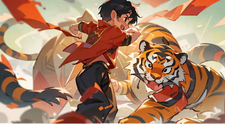 A boy named Mo Yili，Black hair and black eyes, Q version, There is a background, rays of sunshine, Red Chinese costume，Look at the ferocious tiger，Strike a fighting stance，Sense of story