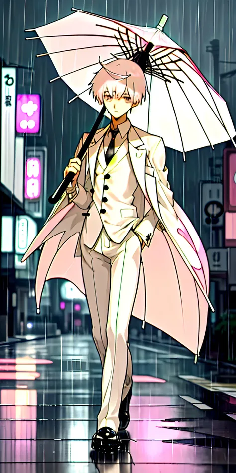 Anime style. A tall boy, short and ungraphed white hair with bangs, gray eyes, pink beige skin. White suit, tie and black shoes, he walks happily through the city of Osaka in the rain with an umbrella. Very well detailed and complete perspective.