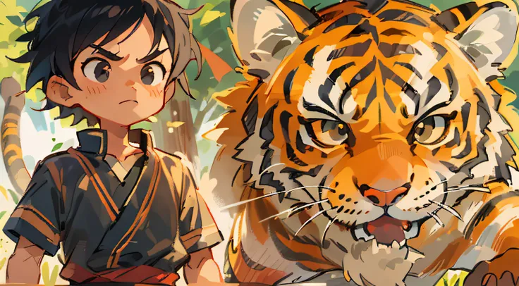 A boy named Moili，Black hair and black eyes, Q version, Village background, rays of sunshine, red attire，Stand on the left，Fight tigers，The tiger was knocked to the ground，There is a story