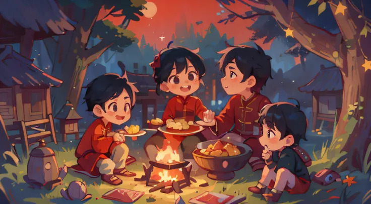 tmasterpiece, high high quality, nigth，There are stars in the sky Male, Gamine, Man with black hair and black eyes, Q version,By the campfire, Happy mood，Red Chinese childrens clothing, Village background，Share food with friends，Happiness knows no bounds