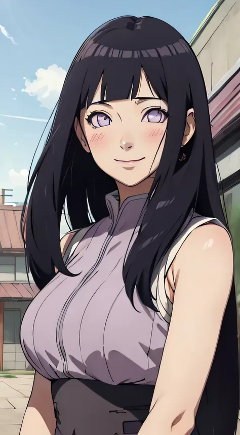 (((masterpiece))), hinatahyuga, blush, smile, 1girl, solo, long hair, looking at viewer, large breasts, black hair, purple eyes,...