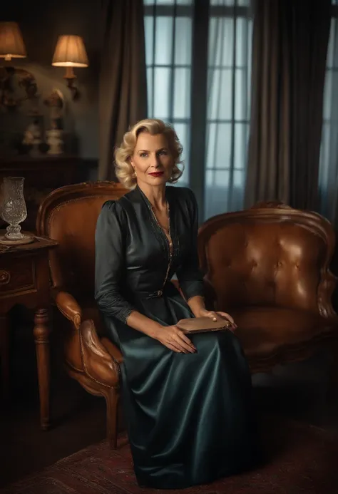 portrait of a 48-year-old blonde French woman from 1940, period dress, genuine leather, sitting takes a selfie like a smartphone, (living room with period furniture, moody soft light: 1.2)