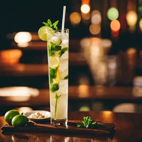 A Cuban Mojito served in a Collins glass in a bright Cuban lounge atmosphere. Real photo, 4K.