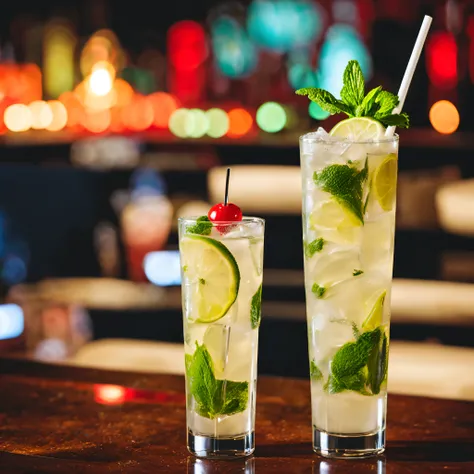 A Cuban Mojito served in a Collins glass in a bright Cuban lounge atmosphere. Real photo, 4K.