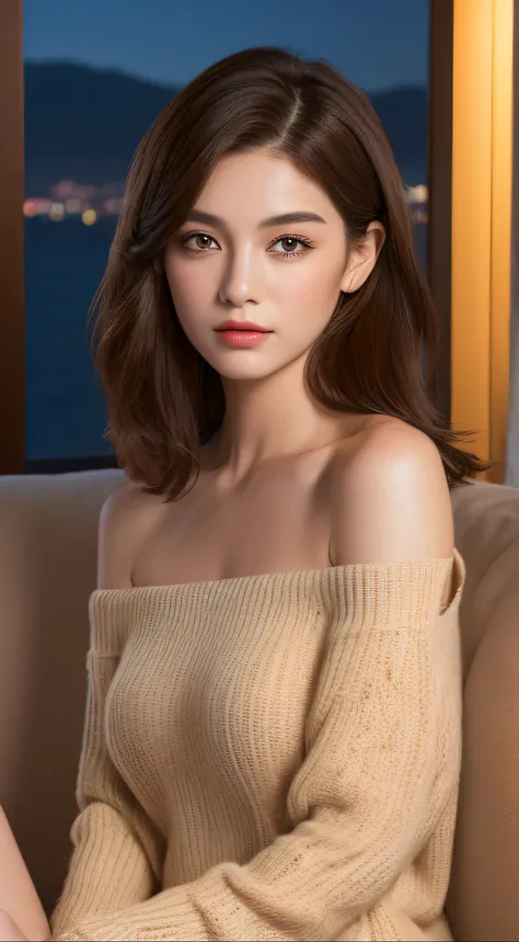 ((Night view, realistic light, best quality, 8k, masterpiece: 1.3)), 1girl, pretty woman with slim figure: 1.4, (brown hair, medium breasts: 1.3), off-the-shoulder cut top: 1.3, sofa, super detailed face, detailed eyes, double eyelids