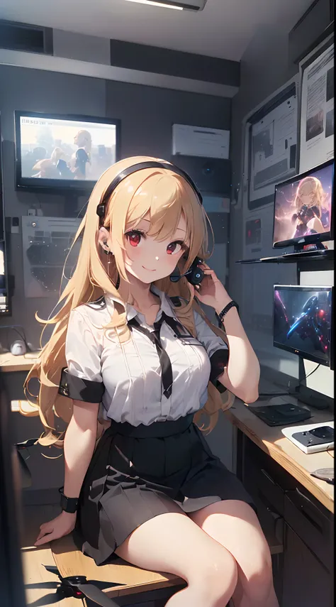 top-quality、Top image quality、​masterpiece、girl with((Beautiful fece、20yr old、Best Bust、big bast、Bust 85,Red eyes to issue、Breasts wide open,Valley、Blonde long hair、A slender、Disheveled black Y-shirt、a black skirt、Black spats,sit a chair、Large valleys、A sl...