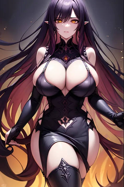 An eldritch demon queen with pale skin, a fit and skinny body, and (huge gigantic boobs:1.3). She has an erection, dark curly and messy hair that flows down her back. Her face is long with a narrow jawline. Her skin is detailed and her face and eyes are ex...