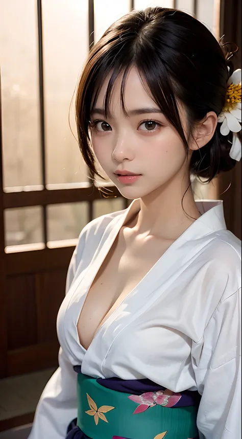 (masutepiece, Best Quality:1.4), Beautiful face, 8K, 85 mm, absurderes, (floral pattern yukata:1.4), The upper part of the body, Exposing breasts、 violaceaess, gardeniass, Delicate girl, Solo, Night, Looking at Viewer, Upper body, Film grain, chromatic abb...