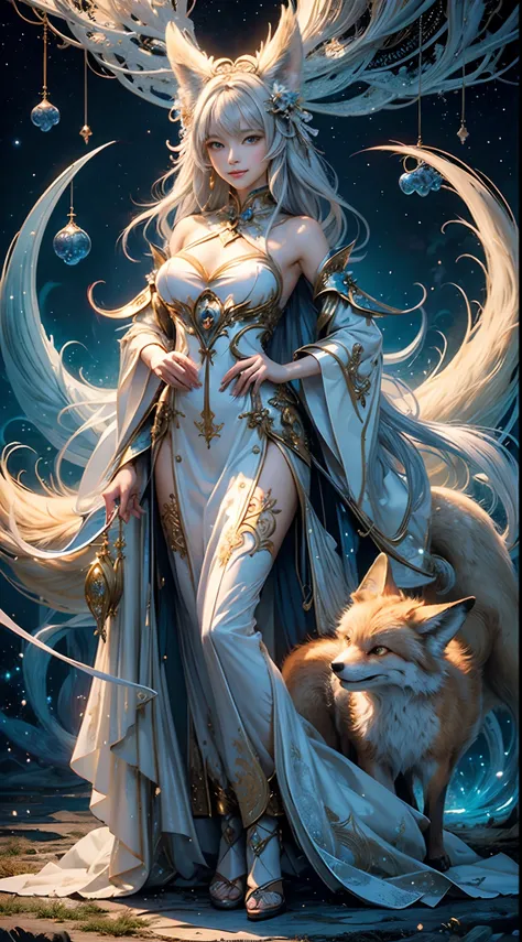 (​masterpiece、top-quality、top-quality、Official art、Beautifully Aesthetic:1.2)、(1girl in)、Highly detailed、(Fractal Art:1.3)、colourfull、highest details, (Nine-Tailed Fox:1.2), 9 White, Black fox ears, Foxes inspired by Japans divinity, Transparent clothes of...