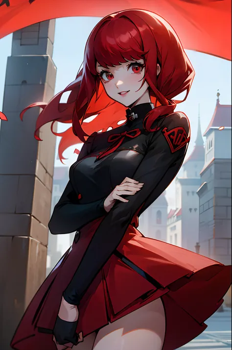 anime girl, long red related with ribbon hair, (standing in the medival city), yoshizawa from persona 5, smiling, masterpiece, c...