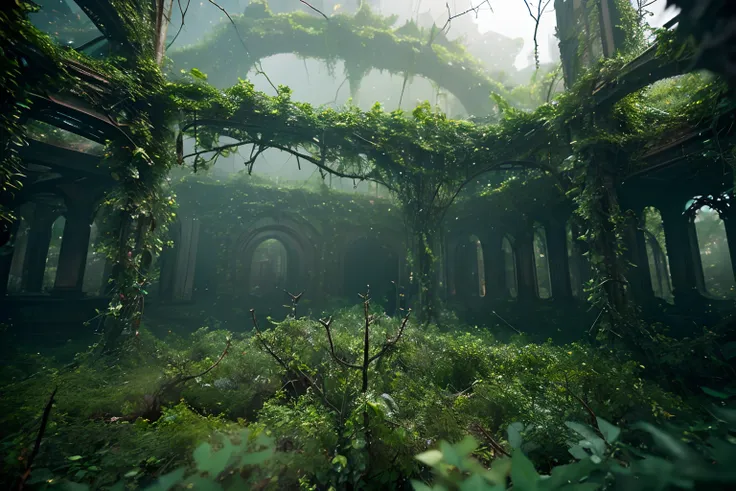 Vines covered with black thorns entangle the ruins of a futuristic city，ball lightning，a sense of mystery，fog atmosphere