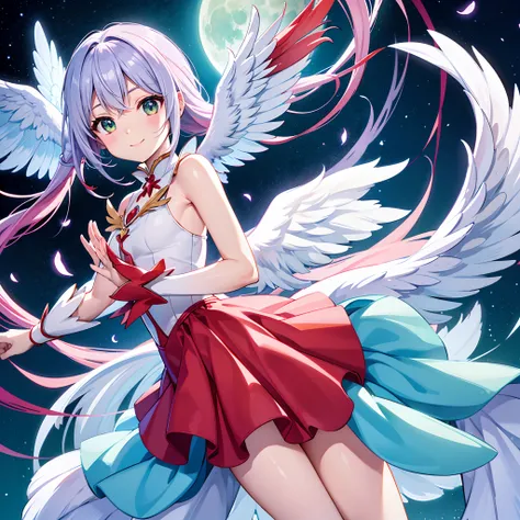 The big wings of the red firebird、Kawaii Girl、adorable smiling、Light blue long hair、Twin-tailed、White and green leotards、starrysky、a moon、Crystal Light((top-quality))、((​masterpiece))、(ighly detailed、highestdetailed、Official art、Beautifully Aesthetic:1.2)