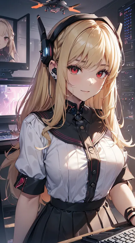 top-quality、Top image quality、​masterpiece、girl with((Beautiful fece、20yr old、Best Bust、big bast、Bust 85,Red eyes to issue、Breasts wide open,Valley、Blonde long hair、A slender、Disheveled black Y-shirt、a black skirt、Black spats,sit a chair、Large valleys、A sl...