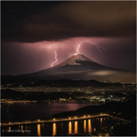 Master Parts、Superior Quality、superior image quality、The 8k quality、Beautiful pictures of the starry sky、magnifica、(Mt fuji:1.25)、dramatic cloud:1.5、Numerous lightning strikes:1.9