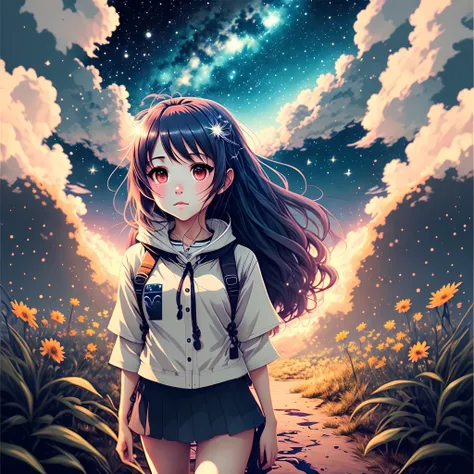 Anime, backrgound, nature, realistic, girl, nightsky