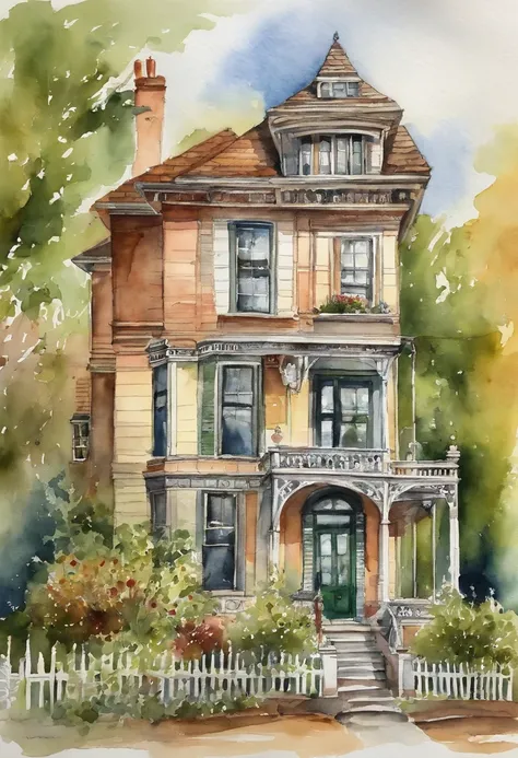 a 1900 Queen Anne style house, England, watercolor