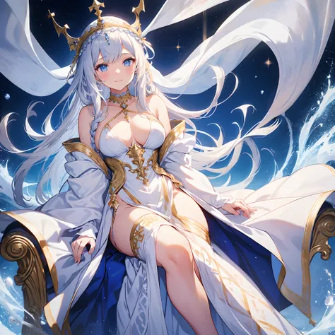 1 girl, solo, silver hair, long braided hair with bangs, deep blue eyes, light smile, white veil adorned blue, crown floating above head, large breasts, wide V-neck, gorgeous divine white dress, gold accessories, sandals, goddess of time, white choker, war...