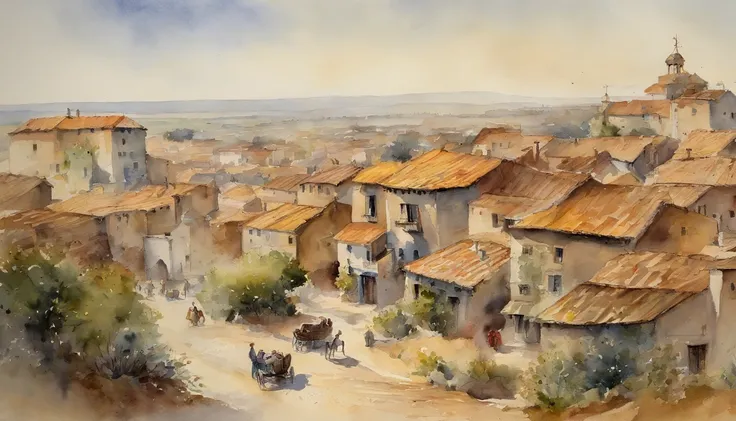 Pintura en acuarela del paisaje, Vista sobre la ciudad, 1900 (suelo mojado:1.5), vehicles, personas caminando, casas