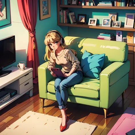 teenage bedroom, girl studying, with headset, sweater, jeans, long blonde hair, deep brown eyes, notbook on the table, cell phone on, tv on, your kitten on the carpet on the floor, cup of tea on the table, wide glass windows, calm street landscape, retro a...