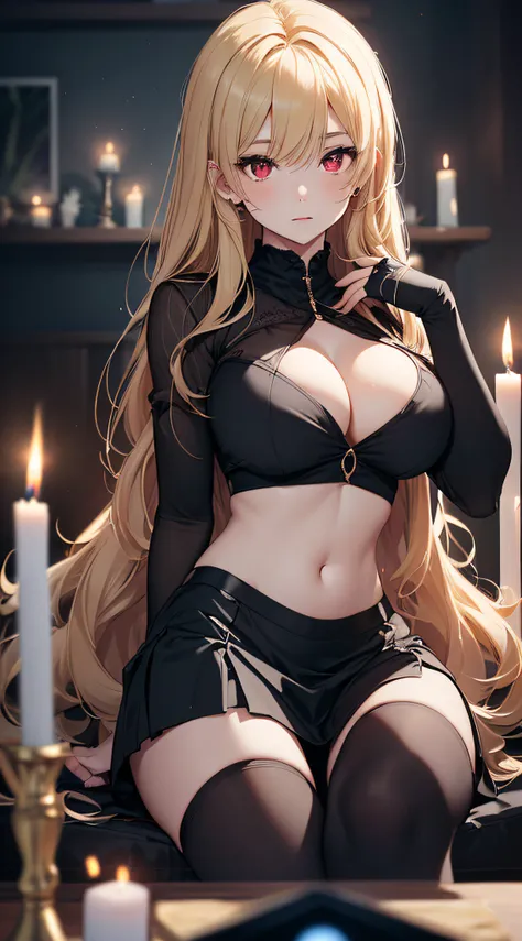 top-quality、Top image quality、​masterpiece、girl with((Beautiful fece、20yr old、Best Bust、big bast、Bust 85,Red eyes to issue、Breasts wide open,Valley、Blonde long hair、A slender、Disheveled black Y-shirt、a black skirt、Large valleys)）hiquality、Beautiful Art、Bac...