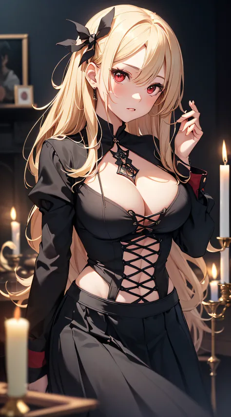 top-quality、Top image quality、​masterpiece、girl with((Beautiful fece、20yr old、Best Bust、big bast、Bust 85,Red eyes to issue、Breasts wide open,Valley、Blonde long hair、A slender、Disheveled black Y-shirt、a black skirt、Large valleys)）hiquality、Beautiful Art、Bac...