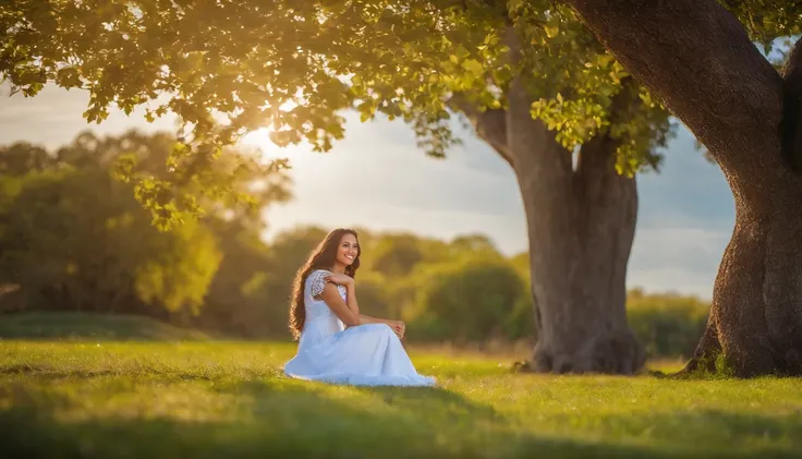 Realistic photo cartoon style Mary mother of Jesus Christ sitting on the grass under a big tree, o Maria usa um vermelho, A clear blue sky with fluffy white clouds above, Serenidade e calor envolvem a cena, fotografia, DSLR Canon EOS 5D Mark IV com um f de...