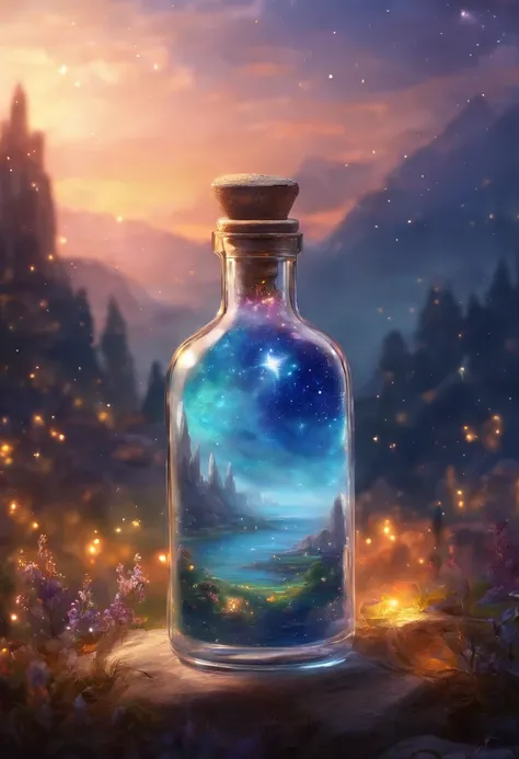 highest  quality，Glass bottle with miniature starry sky，8k，Meticulous description，starrysky，village，Watch for the future，wanting