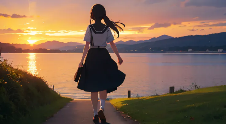 anime girl walking on a landscape seeing the sunset