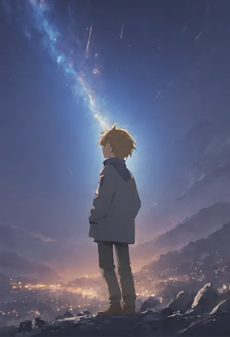 A boy looks at the falling meteor, the moonlight is starting to disintegrate, An endless sense of nothingness is presented, doomsday comings, ahousands of small to large meteors fall towards Earth, big meteor, the end of everything in this world, tense atm...