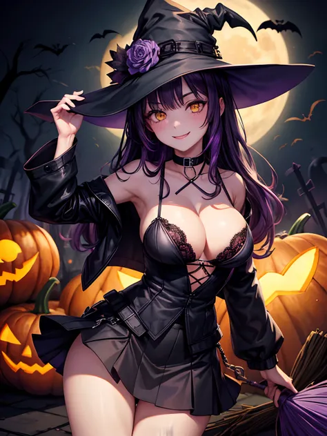 1girll, Solo, Halloween, Night, Heavy fog, Moon, Spooky, Manson, pumpkins, graveyard, Black witch hat, broom, Long hair, Purple hair, double tails, Large breasts, cleavage, Open the black jacket, Purple bra, Yellow eyes, Skirt, Smile, looking at viewert