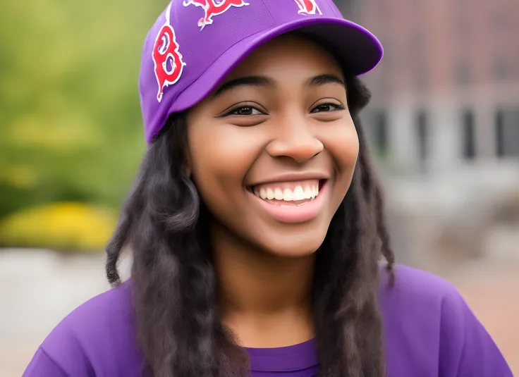 Realistic brown skin girl smiling with a Boston red Sox hat wearing purple in Boston