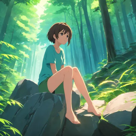 Masterpiece, Best quality, cinematic Film still from, Beautiful shot of the forest, Nature，A girl sits on a stone，The stone is in mid-air