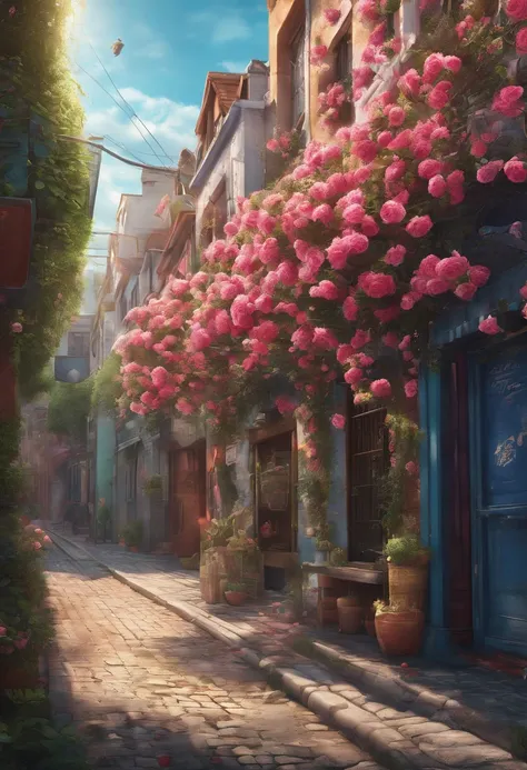 (realistic:1.37),vibrant colors,rose blossoming on the street,branches emerging from corners, dramatic lighting,first-person perspective,4K resolution,highly detailed