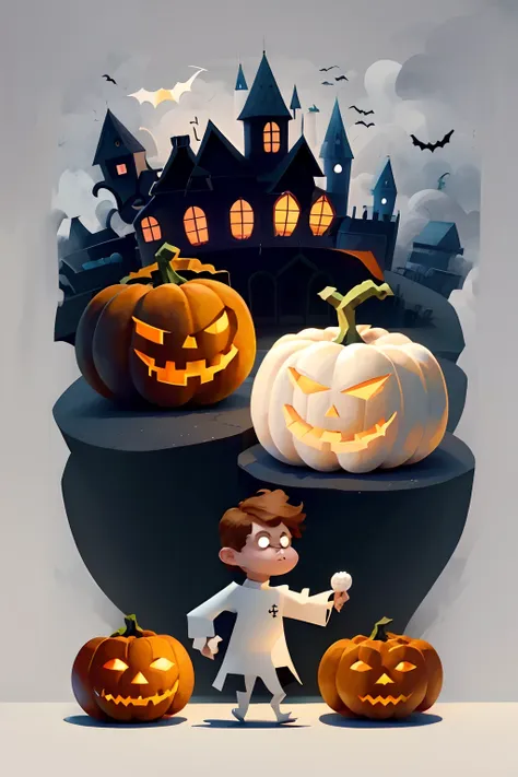 flat illustration of halloween scene with pumpkin and ghost white background, t-shirt style design, johannes helgesen（johannes h...