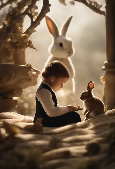 Two people、Girl and rabbit in a tailcoat、Sit on top of a huge type of spread、Unravel the mystery、A rabbit uses a large magnifying glass to look at the print of a human book、