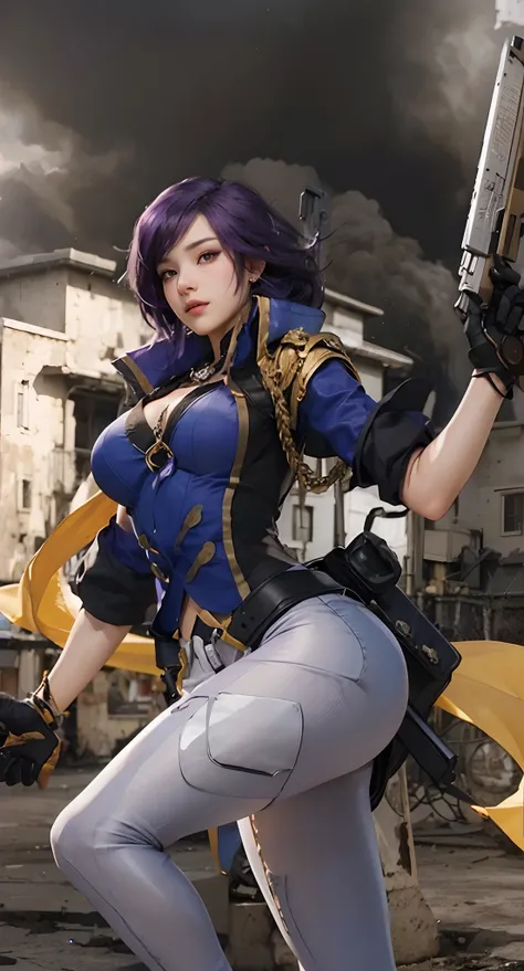 Real life adaption of this character, beauty face,looking to viewer,realistic same purple hair,realistic battlefield background with black smoke, hyper realistic, realistic light, realistic shadow, realism,(photorealistic:1.2), (realistic same outfit), rea...