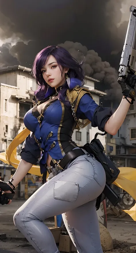 Real life adaption of this character, beauty face,looking to viewer,realistic same purple hair,realistic battlefield background with black smoke, hyper realistic, realistic light, realistic shadow, realism,(photorealistic:1.2), (realistic same outfit), rea...