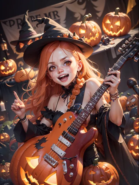 Rock n roll scene，There are drum kits and basses，The lead singer in a pumpkin costume sings loudly in the spotlight！There are a lot of ratings out there
Girl in zombie costume playing pumpkin drum on Halloween celebration stage, （Jack-o-lantern），(Electric ...