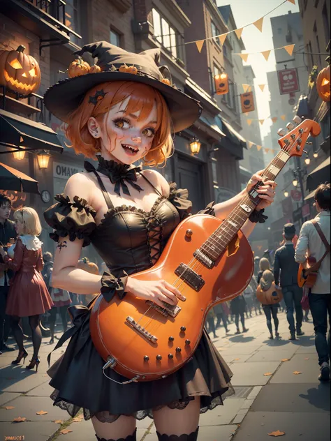 Rock n roll scene，There are drum kits and basses，The lead singer in a pumpkin costume sings loudly in the spotlight！There are a lot of ratings out there
Girl in zombie costume playing pumpkin drum on Halloween celebration stage, （Jack-o-lantern），(Electric ...