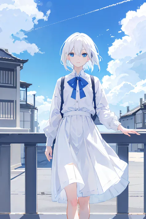 {mmd feeling}，youtube mmd，with blue sky and white clouds，mature，face expressionless，with short white hair，校服，The shirt，Sweaters，long  skirt，Rooftop，railing，